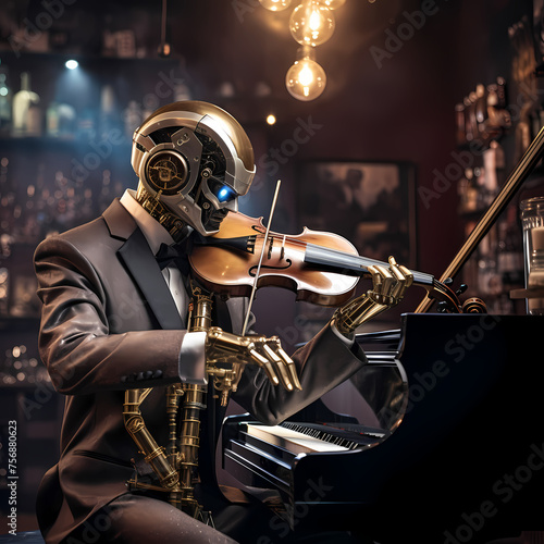A robot playing a musical instrument in a jazz club photo