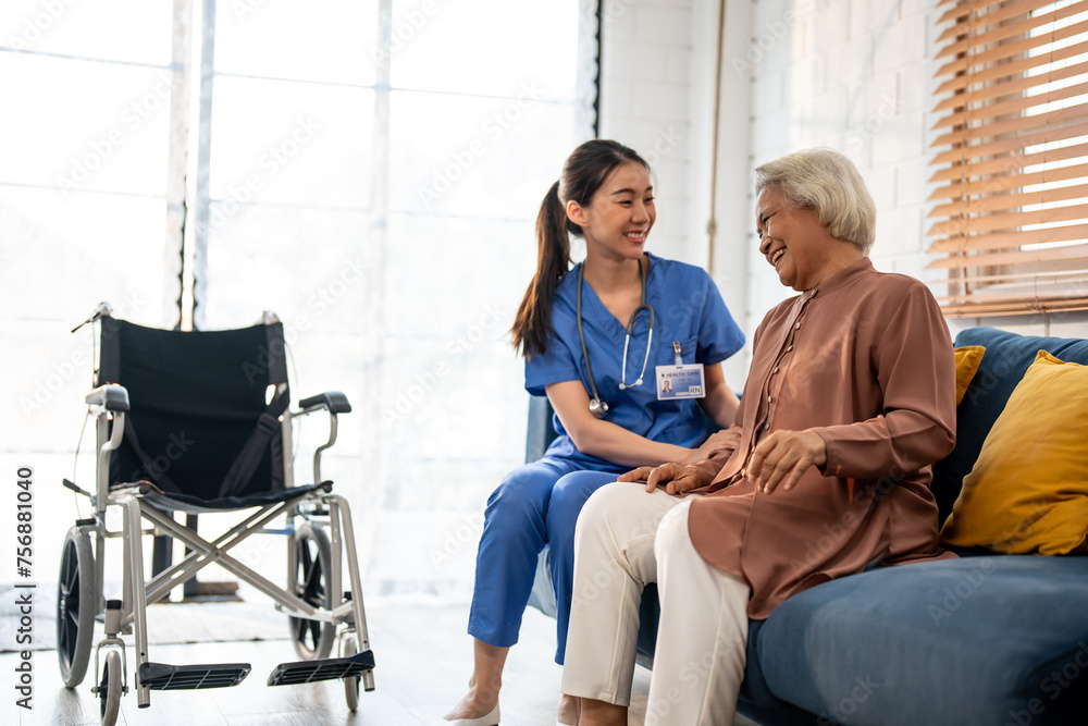 Asian young caregiver nurse examine senior woman patient at home. Asian young caregiver nurse examine senior woman patient at home.