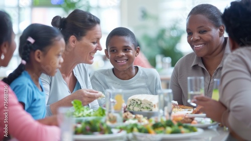 In a hospital cafeteria a family sits around a table sharing a meal while a speech the uses this everyday interaction as an opportunity to offer tips and strategies for improving