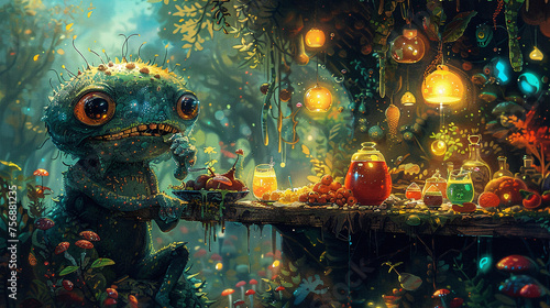 Monster enjoying a meal a spread of fantastical fruits and glowing beverages