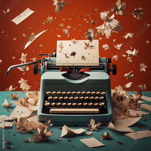 A vintage typewriter surrounded by scattered papers
