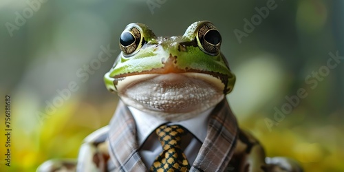 Stylishly dressed frog poses in a trendy suit and tie exuding confidence. Concept Fashionable Frog  Trendy Suit  Stylish Pose