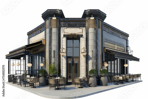 Chic brasserie with an Art Deco-inspired facade and elegant outdoor seating, evoking the glamour of 1920s Paris, on isolated white background, Generative AI photo