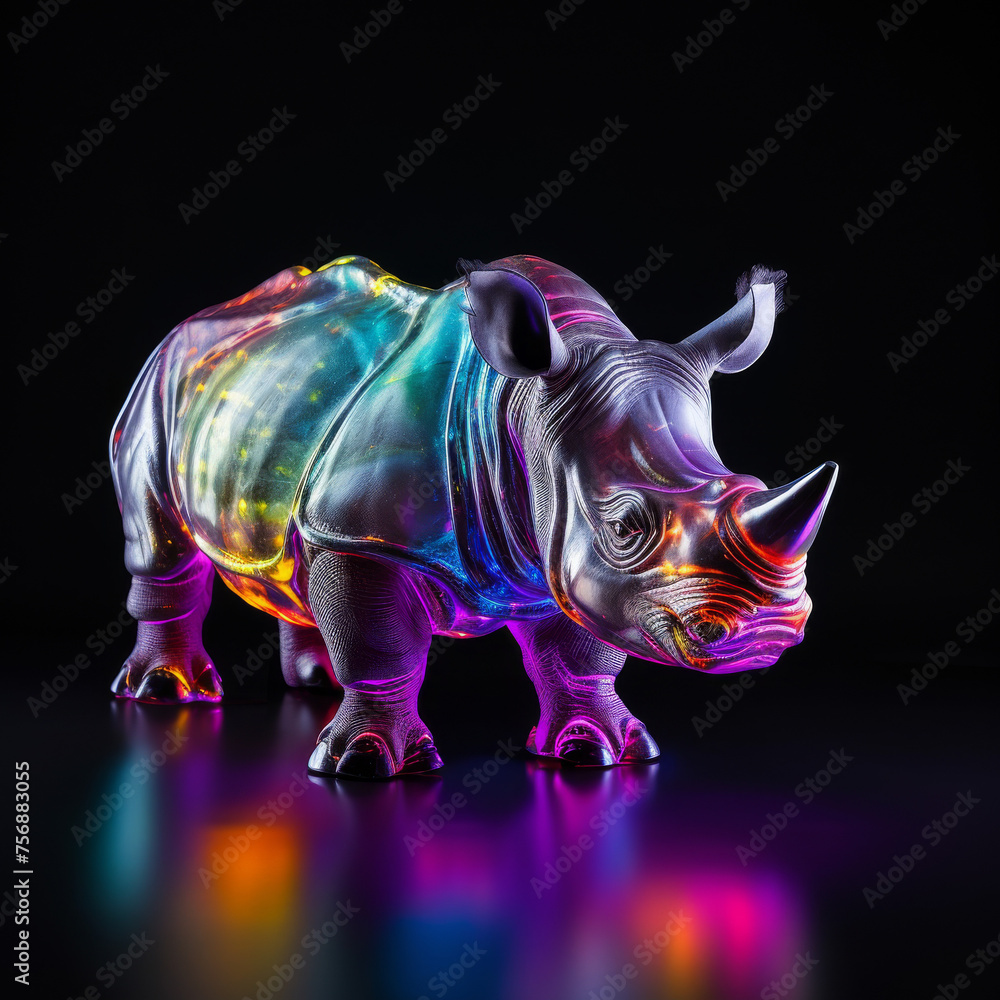Fototapeta premium Iridescent Rhinoceros Figurine on Black Background