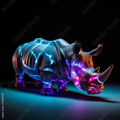 Illuminated Neon Rhino on a Dark Background  