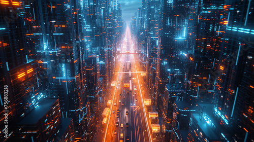 In the futuristic cityscape  cars traverse the neon-lit streets  painting a mesmerizing night view of the metropolis