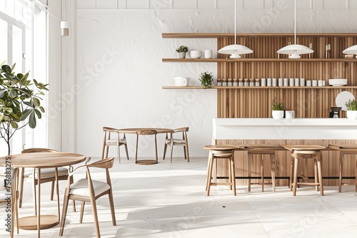 Modern cafe with a Nordic-inspired design, featuring clean lines and natural wood accents, creating a serene and minimalist ambiance, on isolated white background, Generative AI