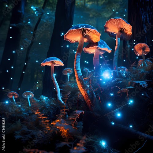 Bioluminescent mushrooms in a dark forest.