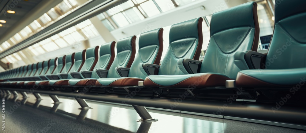 Obraz premium A row of empty seats on a train, surrounded by automotive exterior materials such as metal and bumpers. This rolling stock is a form of public transport designed with engineering precision