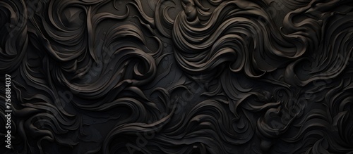 A detailed closeup of a monochrome photography black swirl pattern on a wall, resembling wood art with a touch of darkness and an electric blue hue