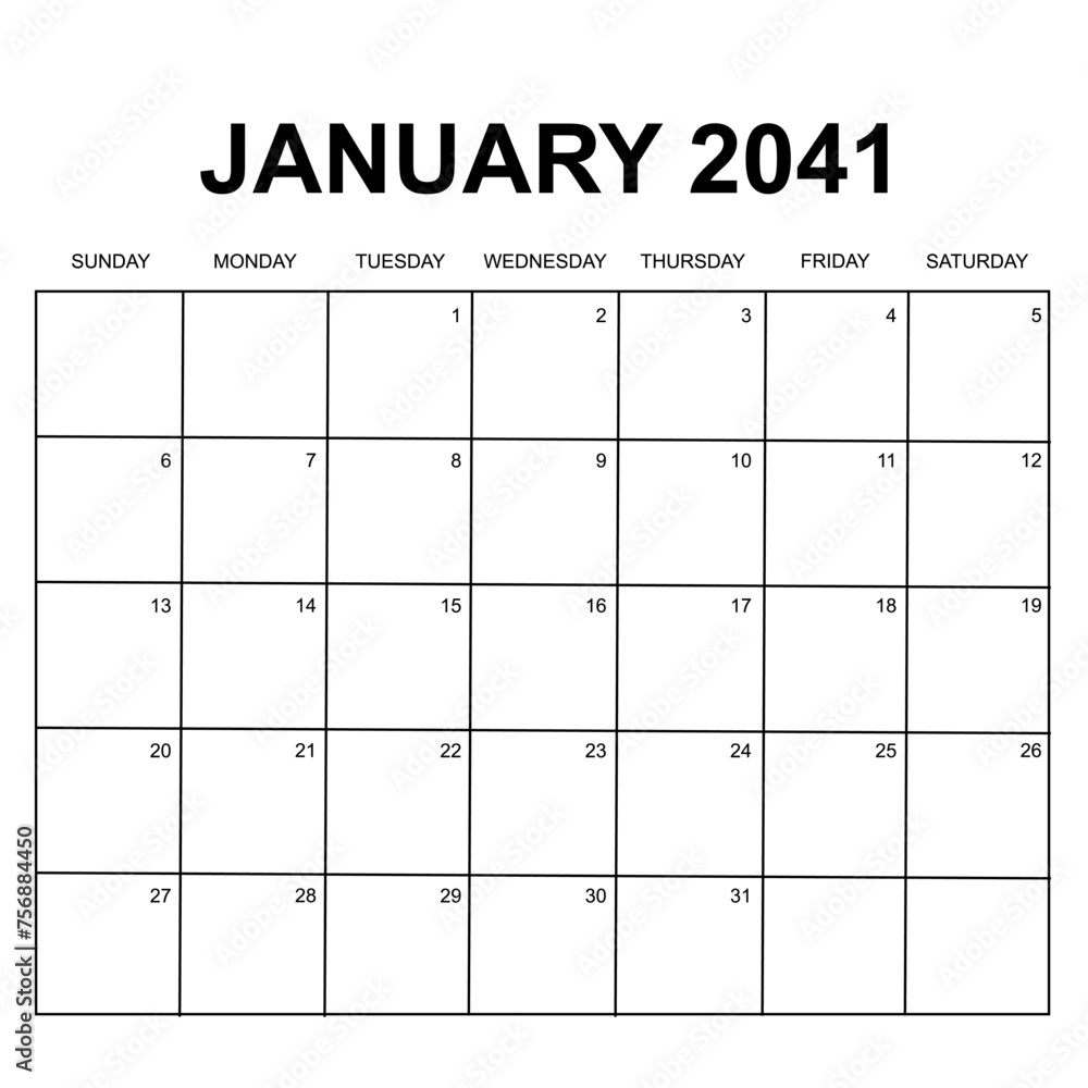 january 2041. monthly calendar design. week starts on sunday. printable, simple, and clean vector design isolated on white background. - obrazy, fototapety, plakaty 