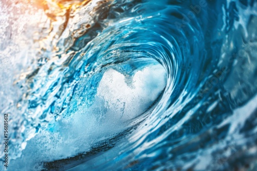 massive blue wave, taken from inside the barrel, with a white background