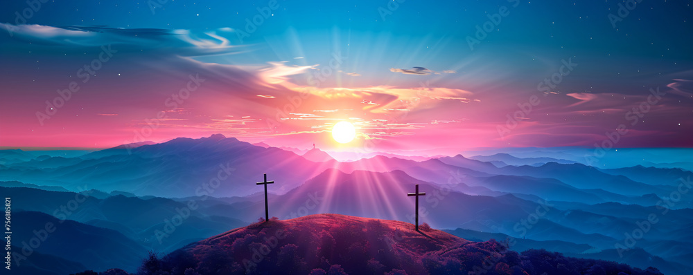 Naklejka premium Two cross at sunrise symbolizes the gate to heaven, road, passage or ascension. Resurrection. Easter morning, Good Friday. Religion and christianity concept