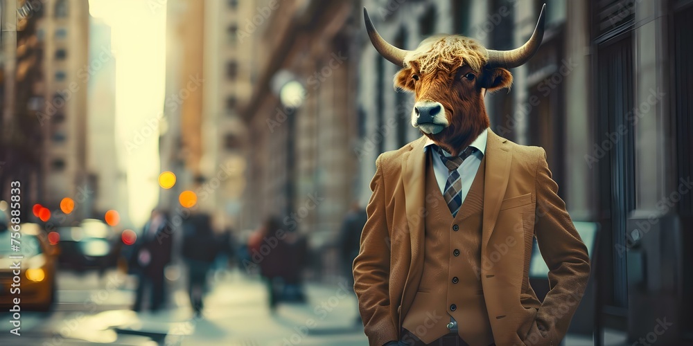 A stylish yak wearing a contemporary suit and tie in urban setting. Concept Fashionable Yak, Urban Style, Animal Photoshoot, Contemporary Attire, Unique Character