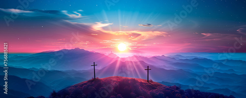 Two cross at sunrise symbolizes the gate to heaven, road, passage or ascension. Resurrection. Easter morning, Good Friday. Religion and christianity concept photo
