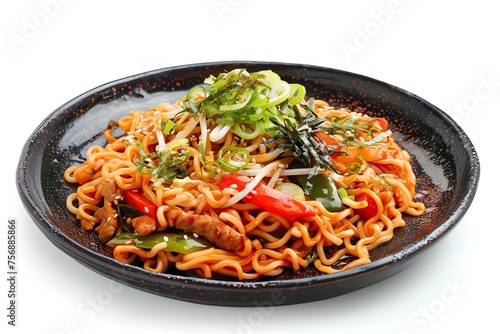 Yakisoba served on a plate isolated on a white background
