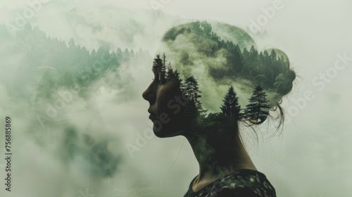 c of a woman's head with a forest landscape as the background, the concept of harmony between man and nature © SHI