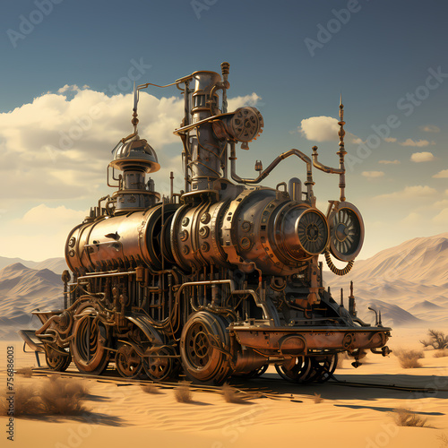 Steampunk-inspired machinery in a desert setting.