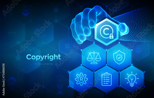 Copyright. Patents and intellectual property protection law and rights. Protect business ideas concept. Wireframe hand places an element into a composition visualizing Copyright. Vector illustration.