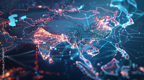 Digital map of Asia, concept of global network and connectivity, data transfer and cyber technology, business exchange, information and telecommunication  photo