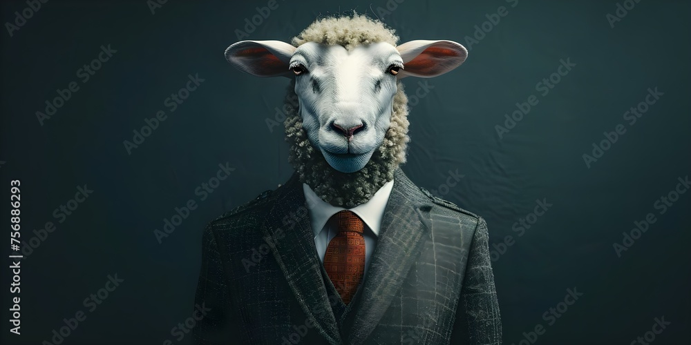 A stylized representation of a white sheep dressed in a suit with a tie. Concept Animal Photography, Creative Clothing, Conceptual Art, Sheep Character, Fashionable Pets
