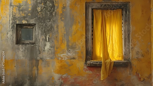 Vintage window and gold curtains on a worn wall