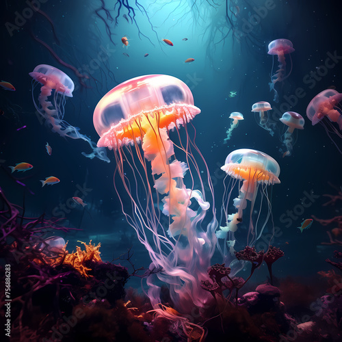 Surreal underwater scene with floating jellyfish around © Cao
