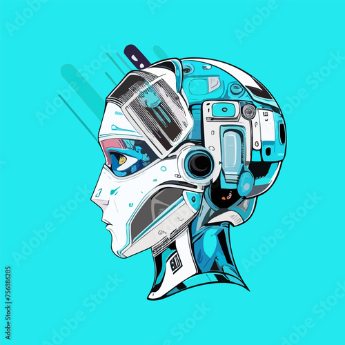 AI or artificial intelligence in image robot head hover over podium in virtual cyberspace. Humanoid face of mechanical cyborg with electronic brain or mind. Neural network or supercomputer on pedestal