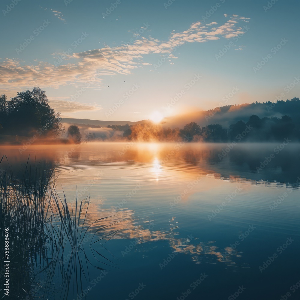 A serene lakeside at sunrise, with mist gently rising from the water. 