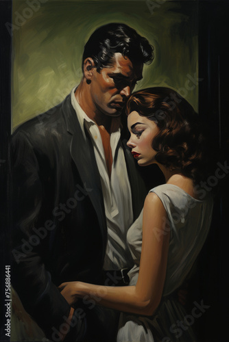 Vintage Romantic Couple Embrace Painting

