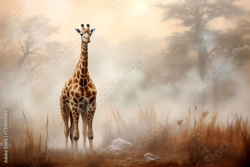 African giraffe walking on blurred nature background   Generative AI