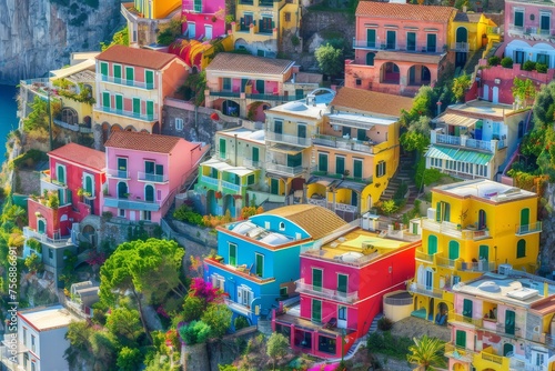 Aerial view of Amalfi Coast, Italy. Colorful houses on cliffs.