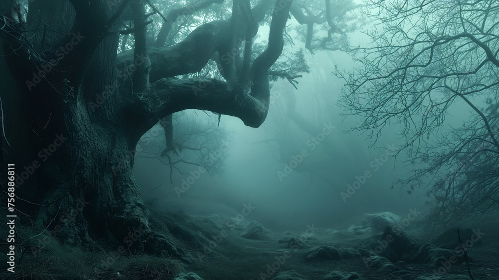 ethereal beauty of an old, mist-covered forest with gnarled trees and a mysterious path, evoking a sense of magic and solitude - Halloween background - Generative AI - obrazy, fototapety, plakaty 