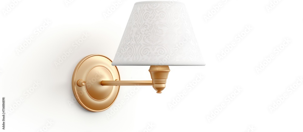 A white shade wall light with a sleek metal circle design, made from brass or bronze. It complements any rooms decor and adds a touch of elegance A white shade wall light with a sleek metal circle design, made from brass or bronze. It complements any rooms decor and adds a touch of elegance