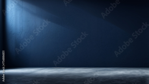 Abstract background composed of blue and black colors with stage lights for product display and space for text 