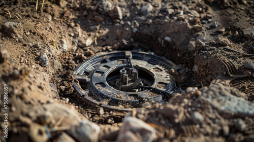 A closeup of a small circular device partially buried in the ground. Its outer shell is made of dark heatabsorbing material while its inner components are a maze of pipes photo