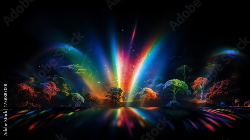black background  light refraction rainbow overlay