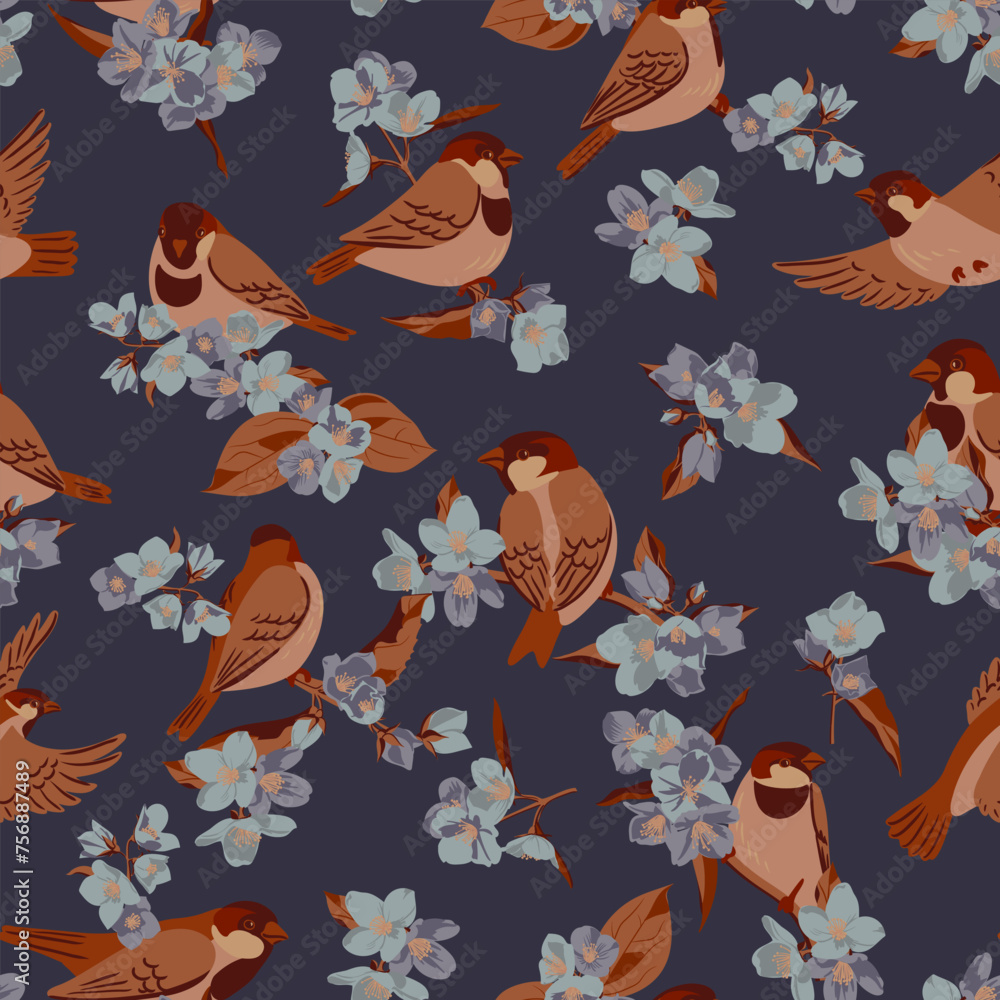 Fototapeta premium vector seamless pattern with drawing birds and flowers at dark blue background, hand drawn sparrows, natural cover design