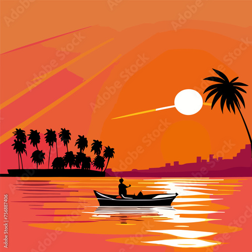 Cartoon scene with small house on island in ocean harbor. Vector illustration of shabby fisherman hut on stilts and sandy piece of land surrounded by sea water under sunny blue sky. Tropical landscape