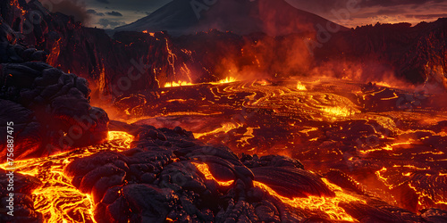 Fantasy landscape with lava and a magical portal fiery stream with flaming liquid 3d illustration A lava field with a red sky and a mountain.