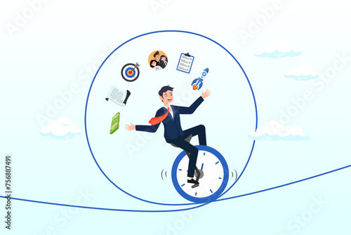 Businessman project manager balance on clock juggling project management element, project management process to manage and develop with resources to deliver quality product, agile development (Vector)