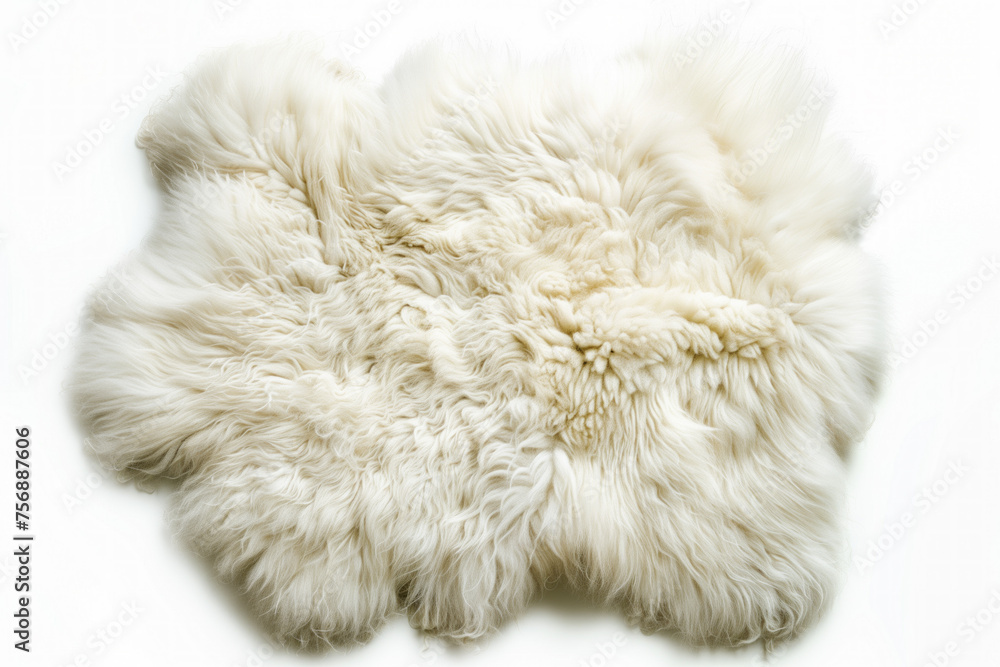 A white, fluffy, Merino wool, Australian sheepskin rug on a white isolated white background. A white, fluffy, Merino wool, Australian sheepskin rug on a white isolated white background.