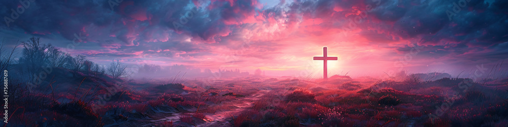 Cross on Calvary mountain at sunset. Resurrection. Crucifixion of Jesus Christ at sunrise. Easter morning, Good Friday. Religion and christianity concept - obrazy, fototapety, plakaty 