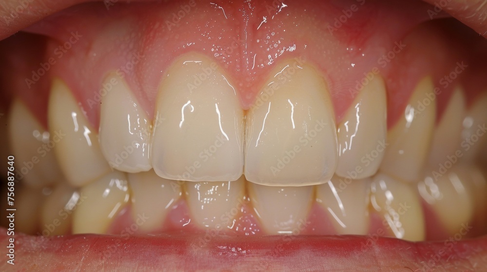 A beforeandafter comparison image of a patients gum line showing the significant improvement from a deep cleaning and scaling treatment.