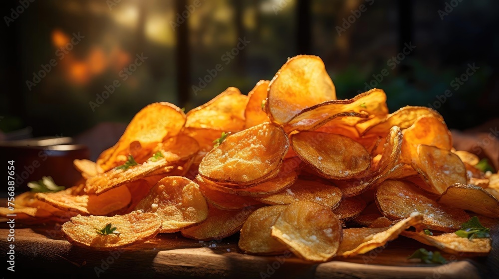 Potato Chips with a sprinkling of savory salty spices on a wooden table with a blurred background