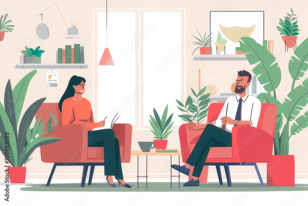 Illustration of a financial advisor consulting with a client in a warm and inviting atmosphere. Illustration of a financial advisor consulting with a client in a warm and inviting atmosphere.