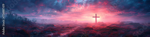 Cross on Calvary mountain at sunset. Resurrection. Crucifixion of Jesus Christ at sunrise. Easter morning, Good Friday. Religion and christianity concept photo