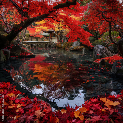 Kyoto, Japan in autumn, a traditional garden where red maple leaves and yellow ginkgo leaves come together, presenting a harmony of various colors that exude tranquility and beauty