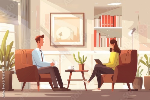 Illustration of a financial advisor consulting with a client in a warm and inviting atmosphere.