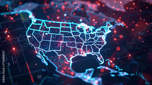 Digital map of USA, concept of North America global network and connectivity, data transfer and cyber technology, information exchange and telecommunication 